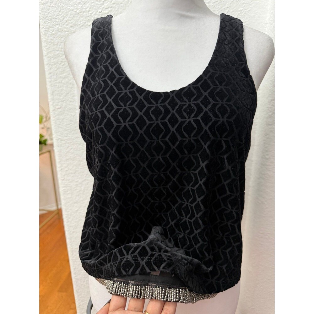 ASTR Black Velvet Burnout Tank Top Beaded Hem Sleeveless Blouse Small
